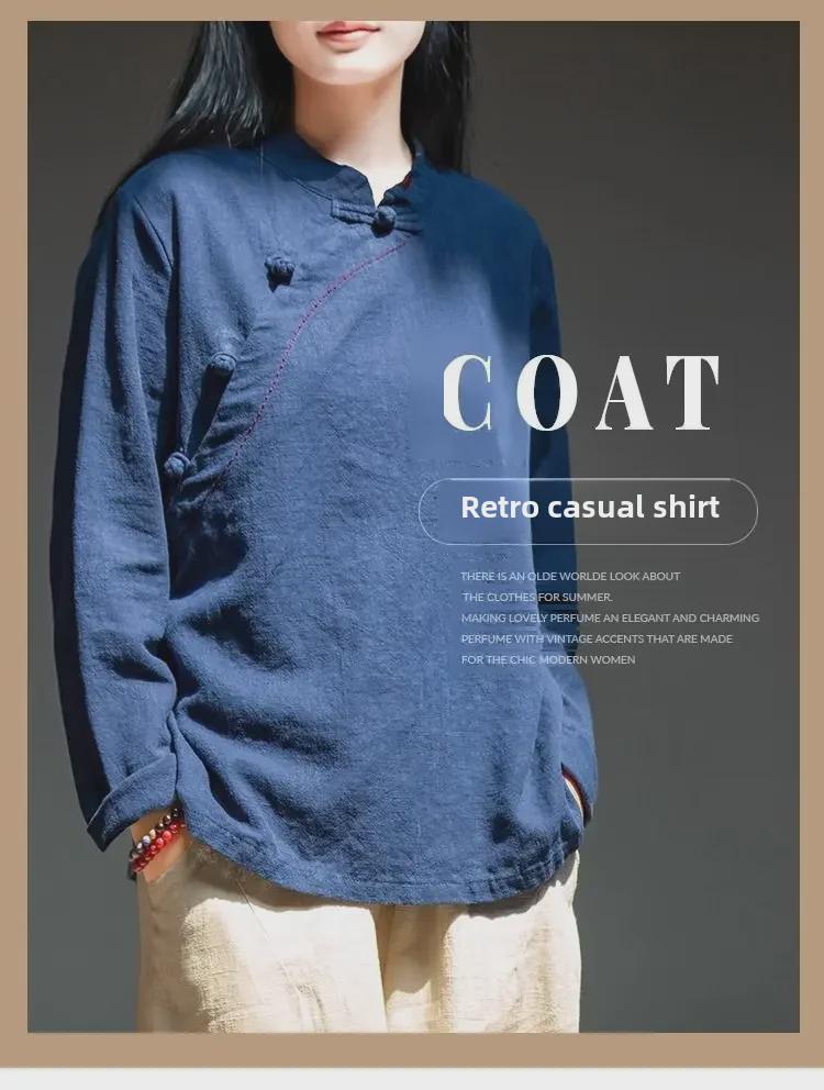 Damska bluzka z bawełny i lnu w stylu retro z długim rękawem: Wiosna/Lato, Krój Slim Fit, Stójka/Asymetryczny Kołnierz