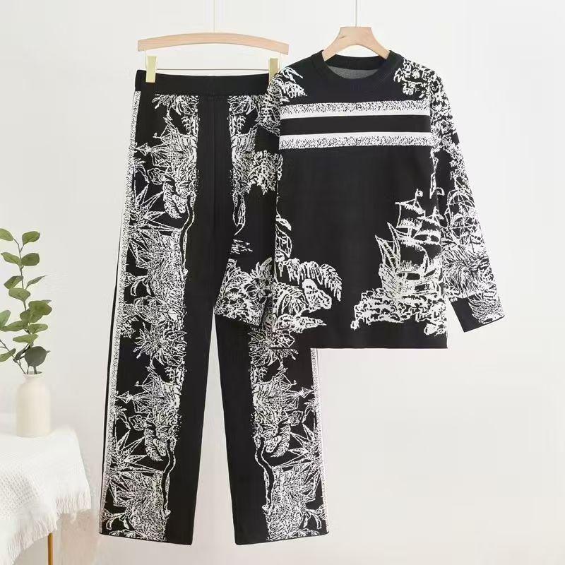 

2025 Autumn Women s Artistic Knit Top & Waist-Cinching Wide-Leg Pants Set One Size