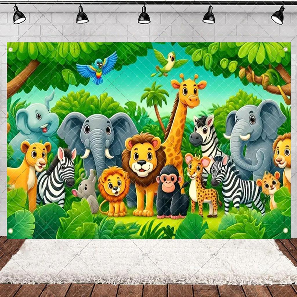 Jungle Wildlife Lion Giraffe Theme Banner Background, Children's Birthday Party, Home Decoration Photography Studio Background