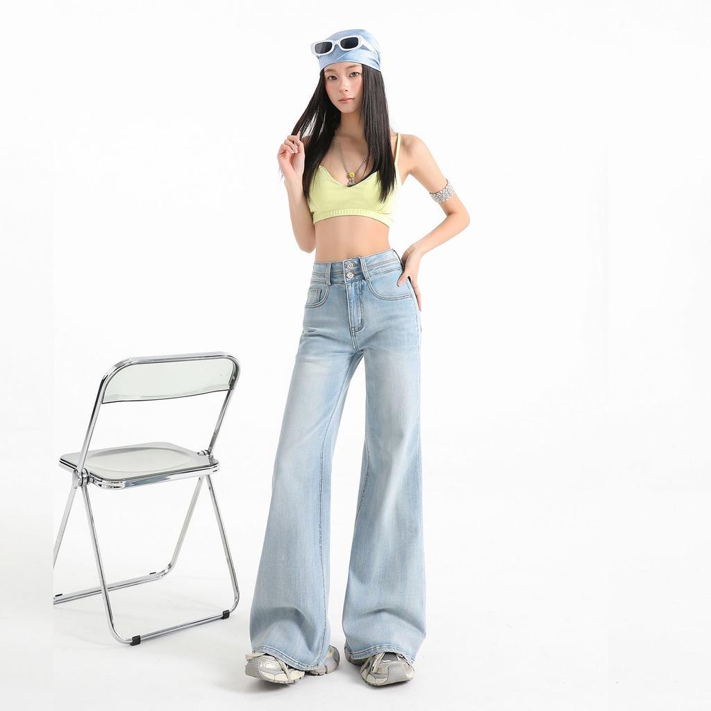 Spring Summer Vintage High Waist Stretch Relaxed Wide Leg Micro Flare Floor Drape Slim Denim Pants Women Casual Pants Oversize Denim Trousers