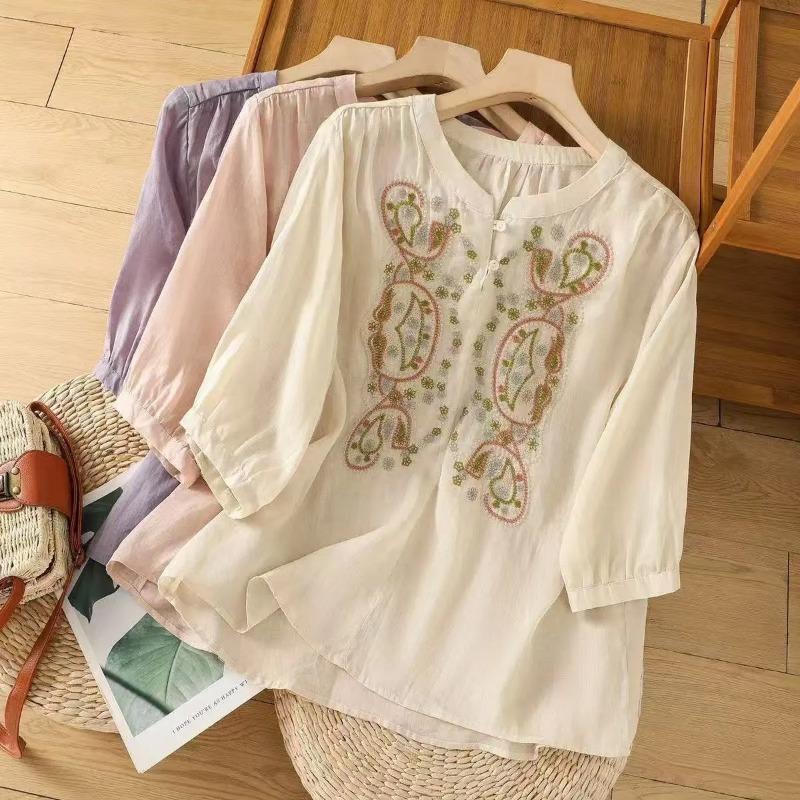 women ethnic embroidery linen blend blouse stand collar three quarter sleeve casual loose fit top