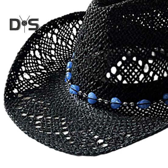 Summer Straw Hat Hollow Out Foldable Adjustable Bead Decor Curled Edge Windproof Strap Western Cowboy Style Solid Color Outdoor Cap