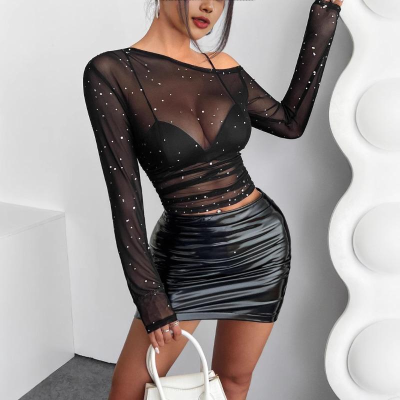Women S Black Sequin Mesh Asymmetrical Neck Long Sleeve T Shirt