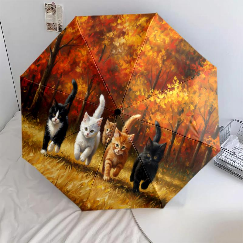 1 PC Automatic Folding Umbrella - Maple Leaves, Puppies, Horses, Kittens Pattern, Portable & Foldable Design with 8 Ribs, Christmas Birthday Gifts