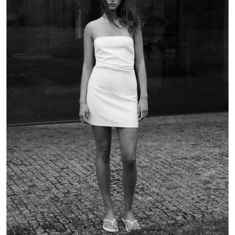 Spring New Style White Ruched Silm Straight Collar Tube Top Dress 7905717 3067365 3180332