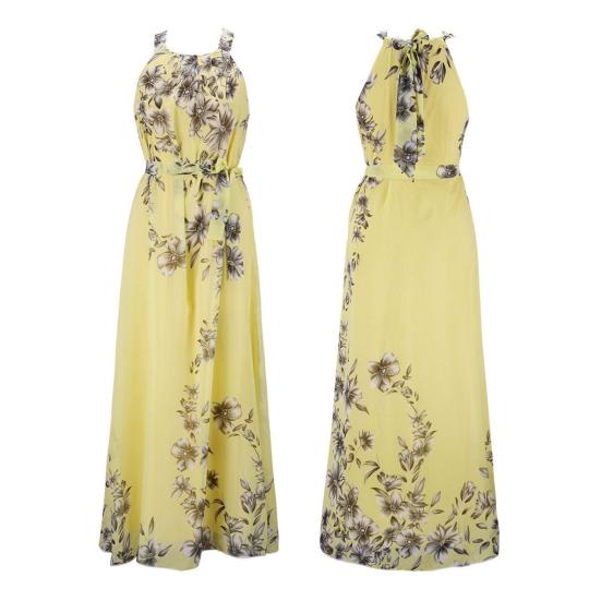 Women Beach Dress Flower Printing Bohemian Sleeveless Lace Up Tight Waist Dress-up Backless Loose Women Maxi Dress Female Clothes