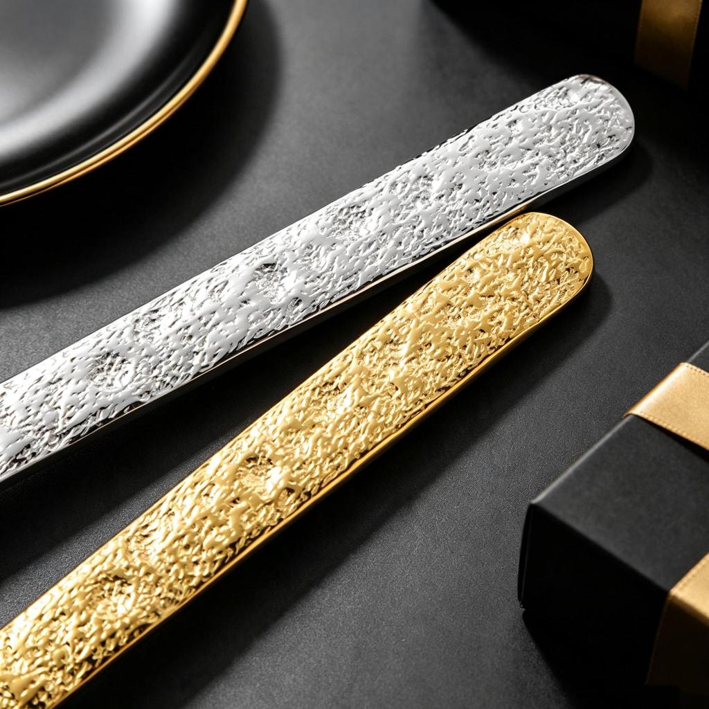 Gold-Plated Western Cutlery Set: Ice Crack Pattern Stainless Steel Fork, Knife, Spoon - Five Pieces.