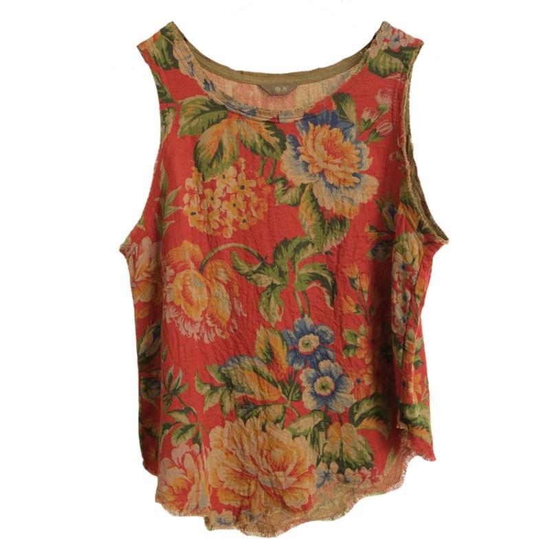 Johnature Mulheres vintage impressão irregular floral tanque o-pescoço sem mangas duplo algodão macio roupas de verão feminino regata