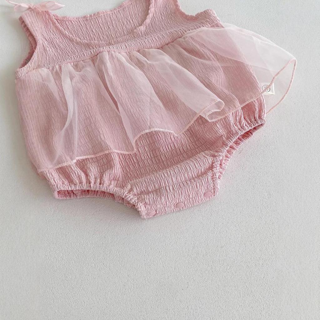 Summer Baby Romper: Pink Mesh Princess Dress with Sweet Bow for Newborn Girls