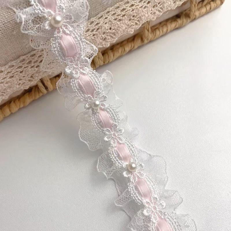 

4.5M Lolita lace Lvory Bead Ruffled Lace Fabric Edging Satin Ribbon DIY Clothing Curtains Furniture Decorations 4cm Wide 0.9M (1Strip) рожевий
