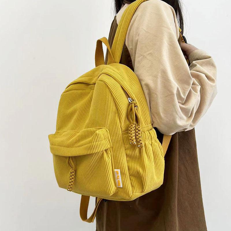 New Solid-color Corduroy Student Backpack, Casual Striped Velvet Backpack, 14-inch Women's Computer Storage Bag