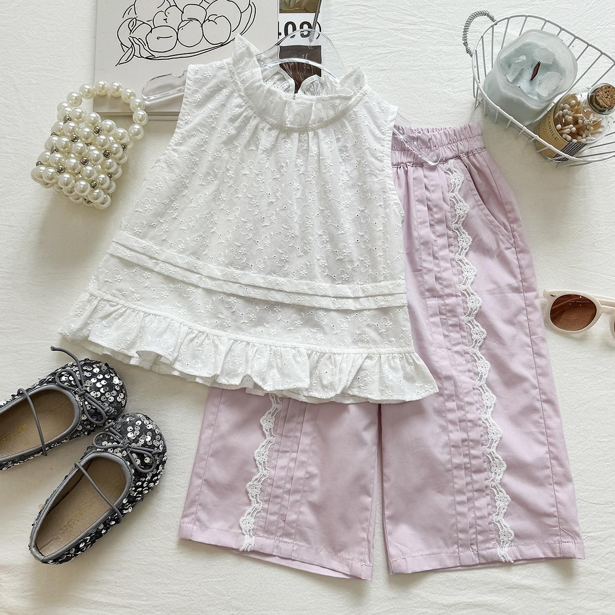 Girls Summer 2 Piece Set Embroidered Floral Tank Top With Lace Trim Wide Leg Pants Casual Outfit For Kids 90cm