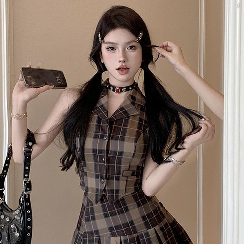 

Женский комплект из двух предметов: жилет-подкладка и плиссированная юбка с высокой талией в сладко-остром стиле L