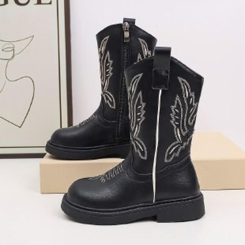 Girls Chelsea Boots Mid-Calf Soft Sole Embroidered Vintage Style Winter Kids Footwear