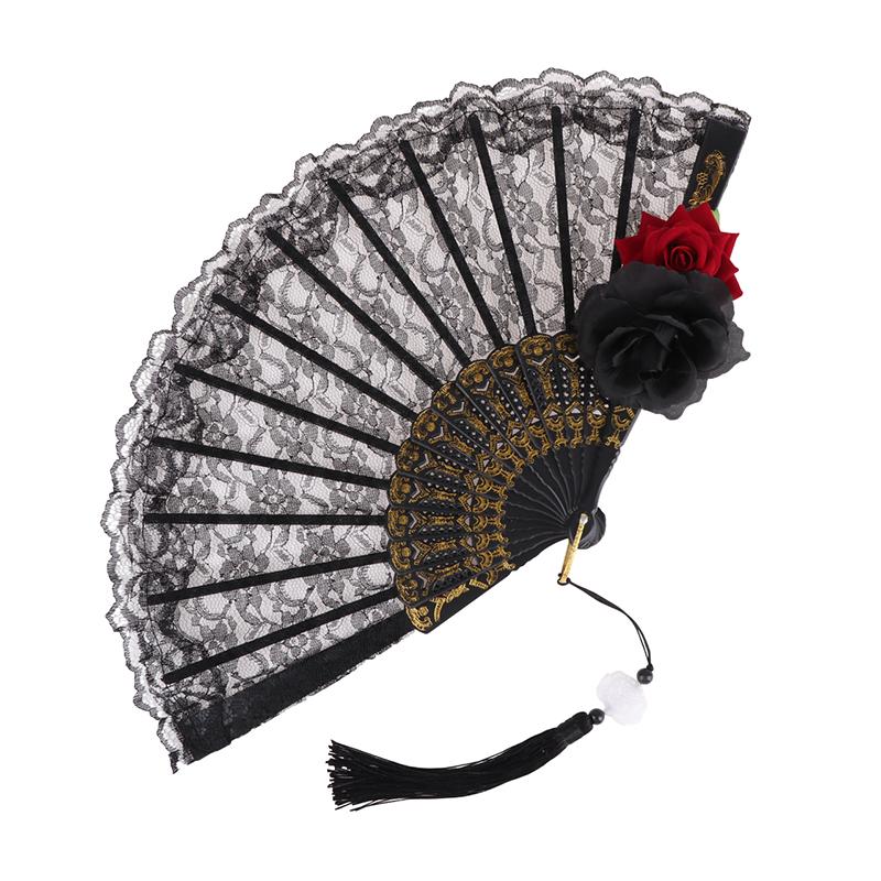 Ladies Lace Hand Fan Black White Cloth Folding Fans With Tassels Ancient-Style Dance Folding Hand Fan For Wedding Party Favor