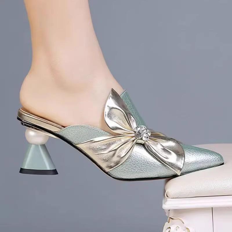 Spring Chinese-style Rhinestone Soft Leather Bow Slippers, Thick Heel Fashion Wear Versatile Semi-drag Sandals