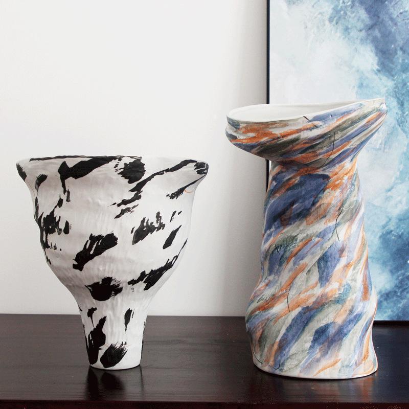 Ceramic Vase Abstract Clay Pot Colorful Graffiti Irregular Shape Flower Arrangement Vase Craft Ornaments Flowerpot Home Decor