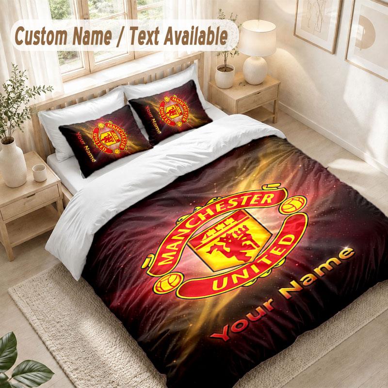 Custom Name Bedding Set 3 PiecesManchester United Print Duvet Cover + 2 Pillowcases Soft Bed Decor