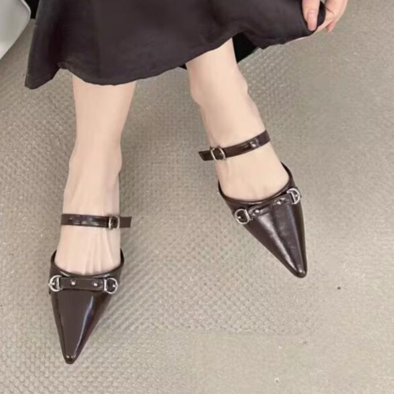 Fashion Baotou Slippers Summer Pointed Toe Shallow Mouth Metal Buckle One Strap Anti-slip Wear-resistant Kitten Heel Sandals