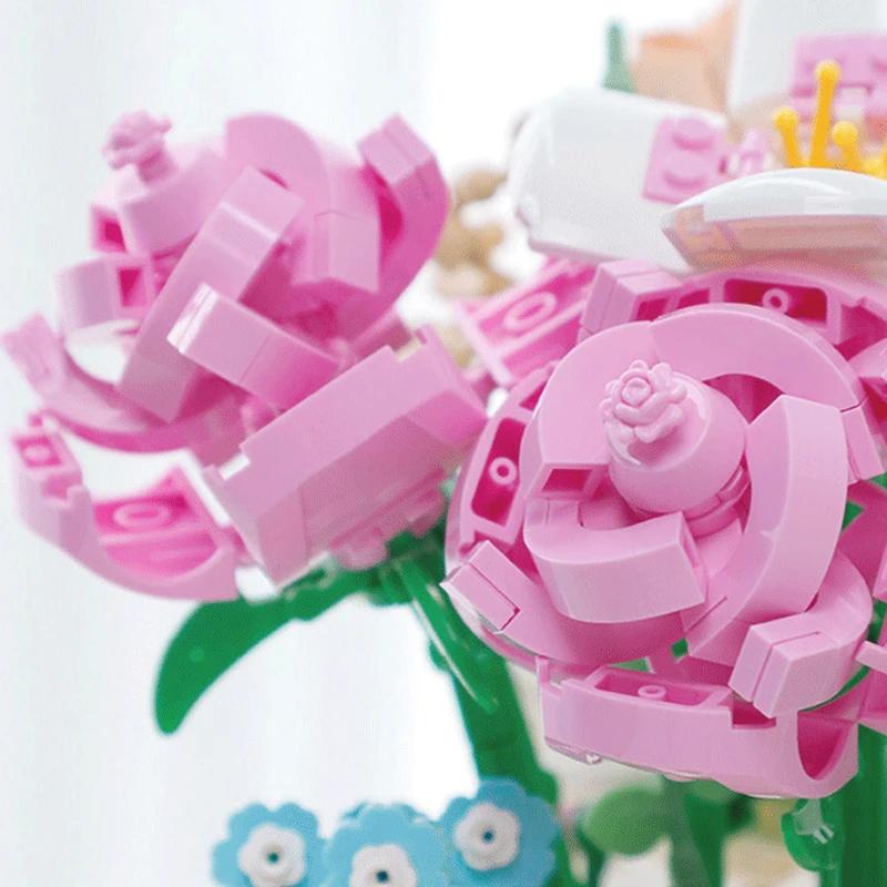 Rose Flower Basket Bouquet Building Kit Bonsai Sunflowers Building Blocks Set Blossoms Moc Bricks Puzzle Kids Toys Girls Gifts
