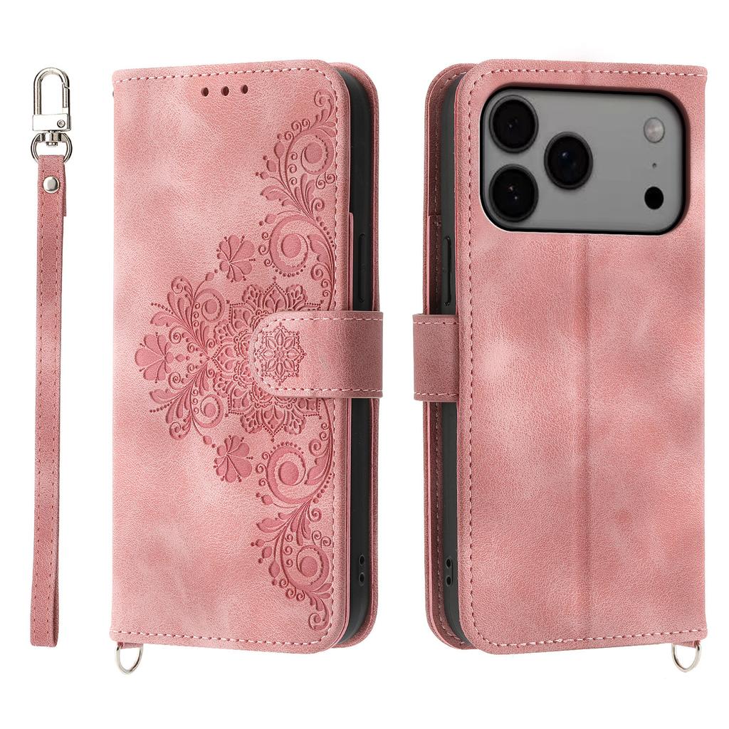 For iPhone 17 Pro Max Case Flower Pattern PU Leather Wallet Phone Cover with Strap
