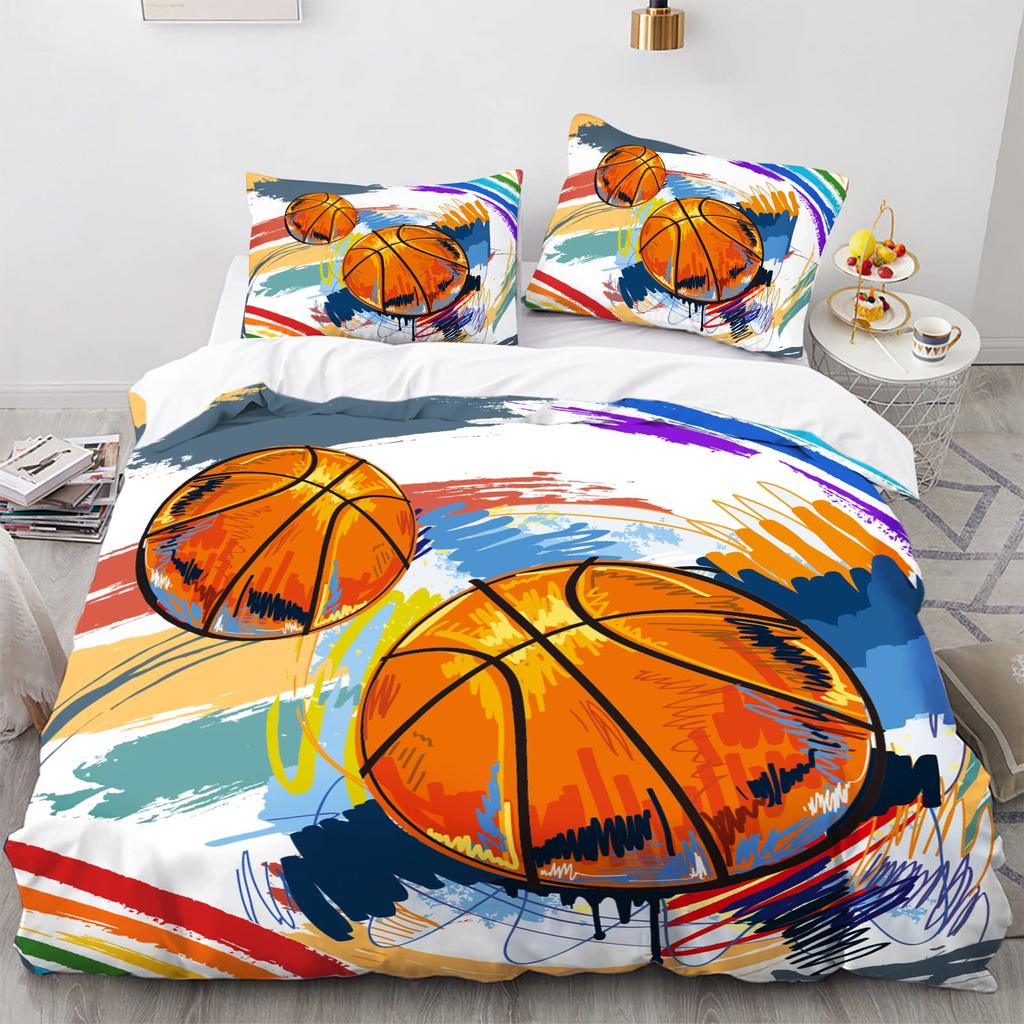 Copripiumino da Basket per Ragazzi Nero con Motivo a Palla Tema Sportivo Biancheria da Letto Bambini Adolescenti Campo da Basket Decorazione Stanza Giochi Competitivi