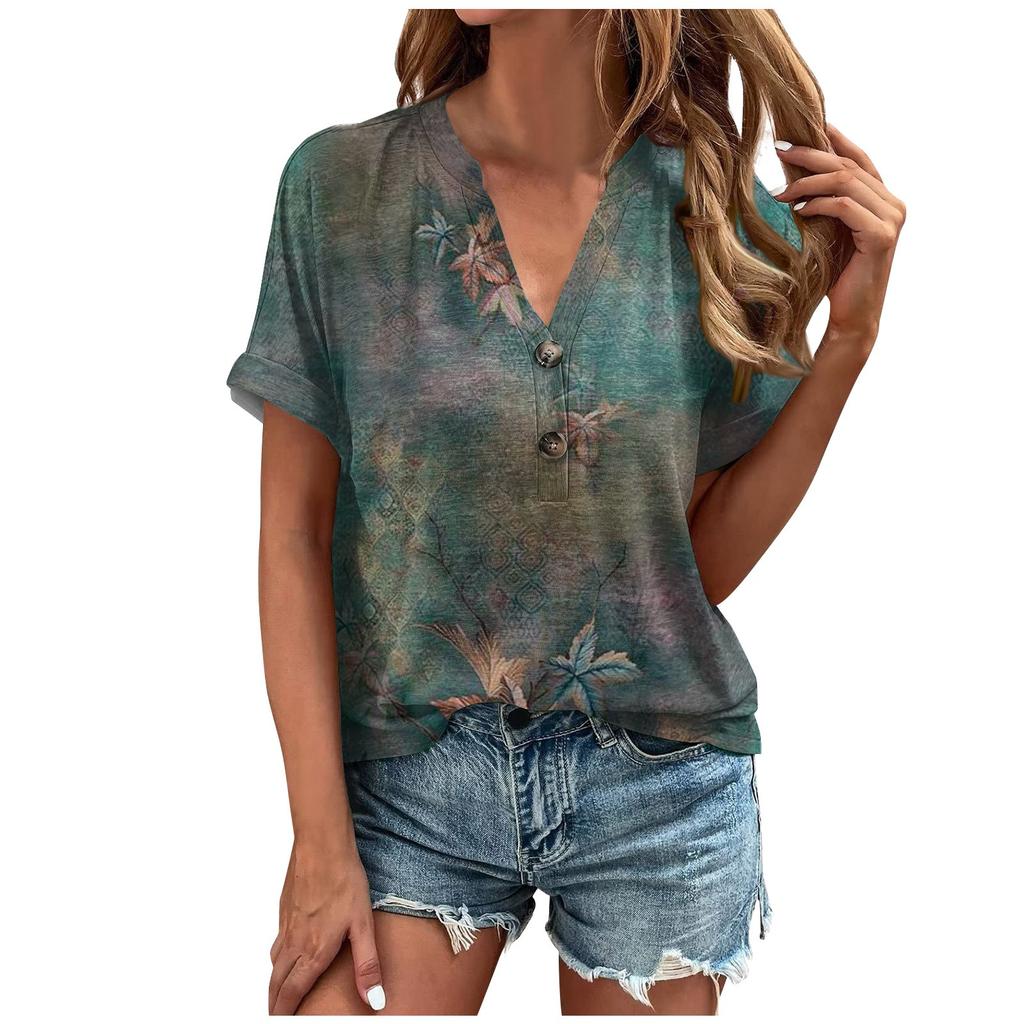 Women's Shirt Blouse Button Vintage  Print Short Sleeve Casual Basic Top Pullover
