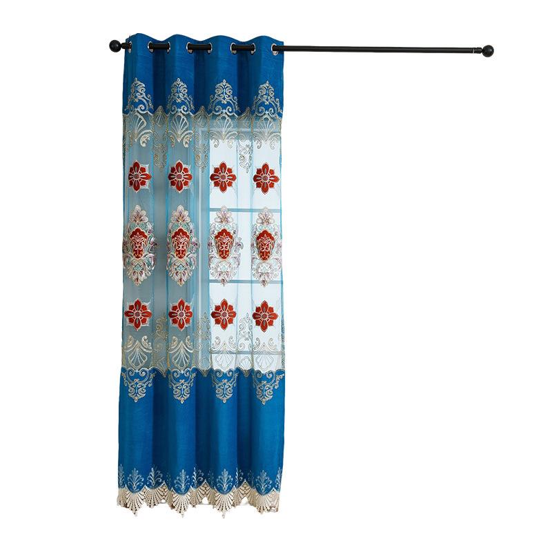 Living Room Bedroom Villa Blue European Embroidery Balcony Curtain High-End Finished Window Screen New Chinese Relief