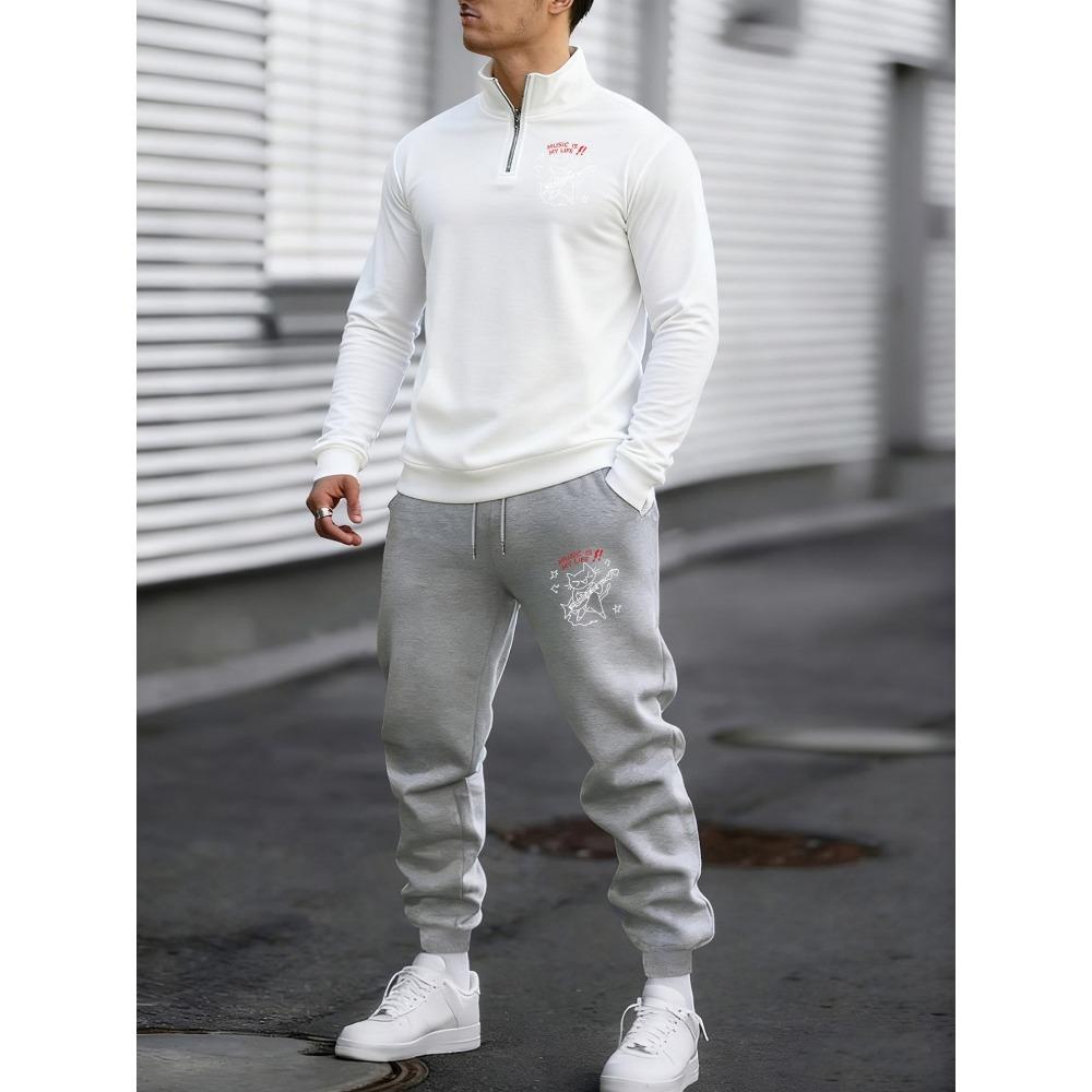 Music Is My Life, Rock Cat Print Men's Zipper Hooded Sweatshirt Pants Two Piece Set Lapel Casual Sports Autumn and Winter New Men's Clothing