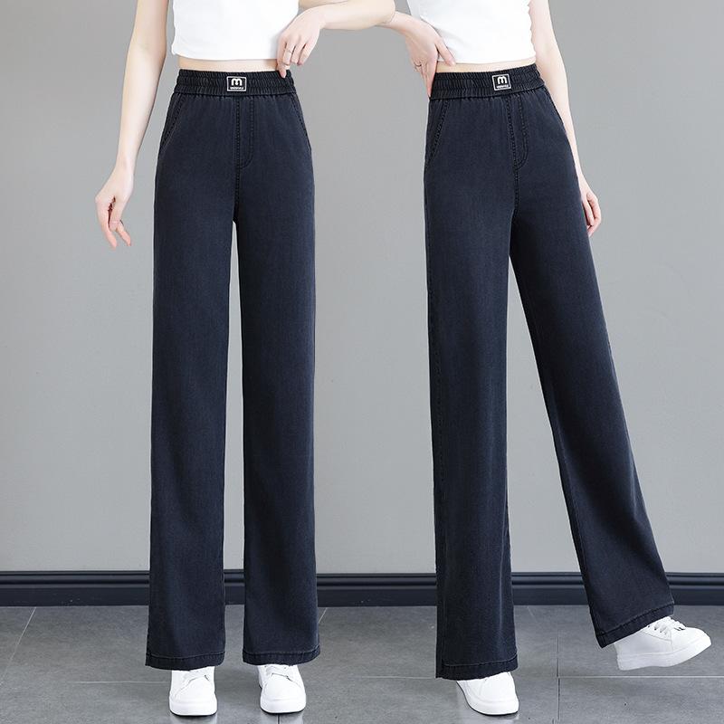 Women's High Waist Elastic Waist Wide Leg Jeans Straight Leg Pants Summer Thin Tencel Stretch Casual Denim Trousers
