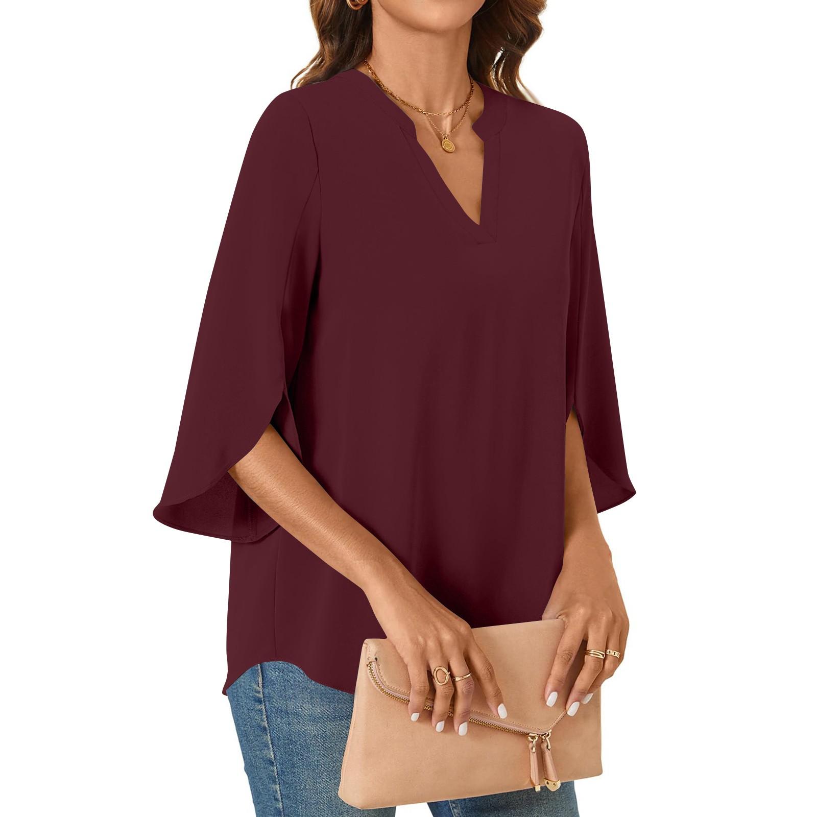 

Женские топы 3/4 ярусные рукава-колокольчики V-образный вырез блузки рабочие туники рубашки L винный