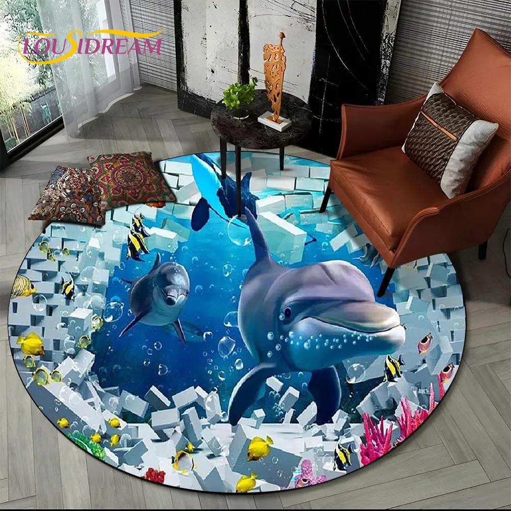 3D Seabed Illusion Underwater World Dolphin Round Area Rug,Carpet for Living Room Bedroom Sofa Playroom Decor,Non-slip Floor Mat