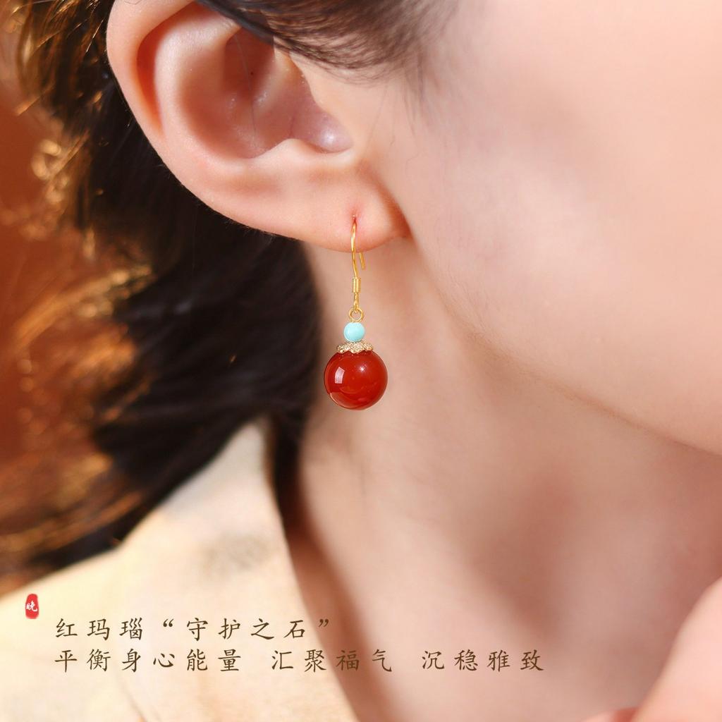 Jinhua Huaishan Natural Red Agate Earrings, Pure Silver Studs, Feng Shui Wealth-Attracting, New Chinese Style, Exquisite Earrings with a Sense of