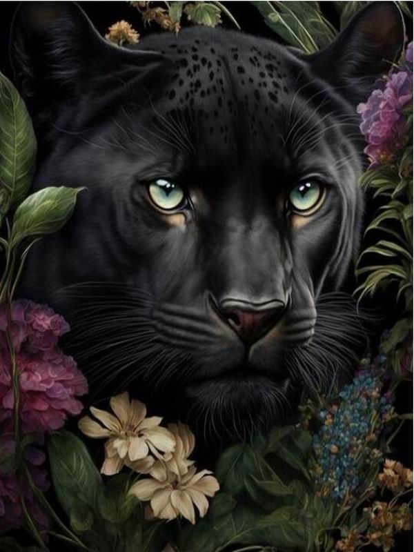 Pictură cu diamant Jungle Panther Diy Full Square Round Drill Broderie cu strass Animale sălbatice Mozaic Seturi cu punct de cruce Flori Decor de perete