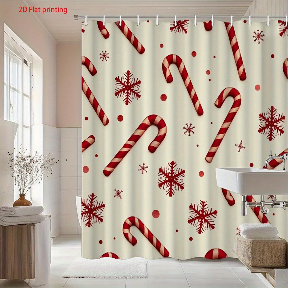 1Pc Shower Curtain With Candy Cane And Snowflake Pattern, Polyester Fabric, Machine Washable, Suitable For Bathroom Decoration