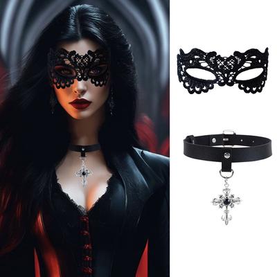 Mysterious Blood Clan Cross Element Anti-gem Pendant Collar Lace Half-face Mask Set Carnival Party Dance Cosplay Dress Up Mask
