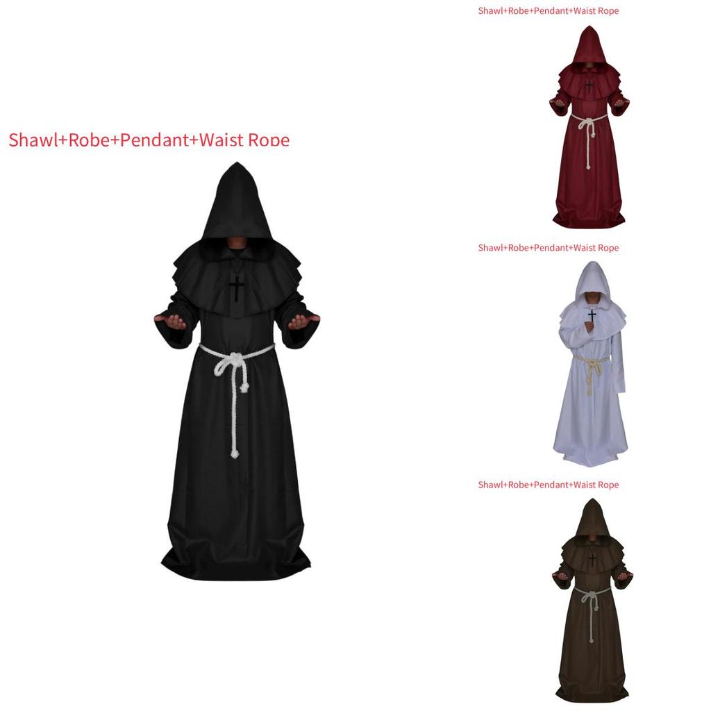 Costume da Monaco Medievale Mago Sacerdote Toga Sciarpa Set Per Appassionati di Cosplay di Halloween