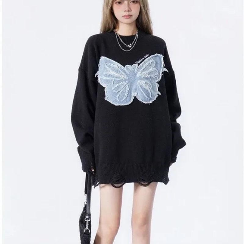 

Пуловер из рваного денима с вышивкой-бабочкой, дизайнерский свитер с рукавами «летучая мышь», осенний топ, свободный женский свитер в стиле рок One Size чёрный