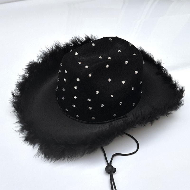 Feathered Trim Western Hat with Rhinestones Studded for Music Festival Cosplay Costume Headwear Carnivals Party Accessory