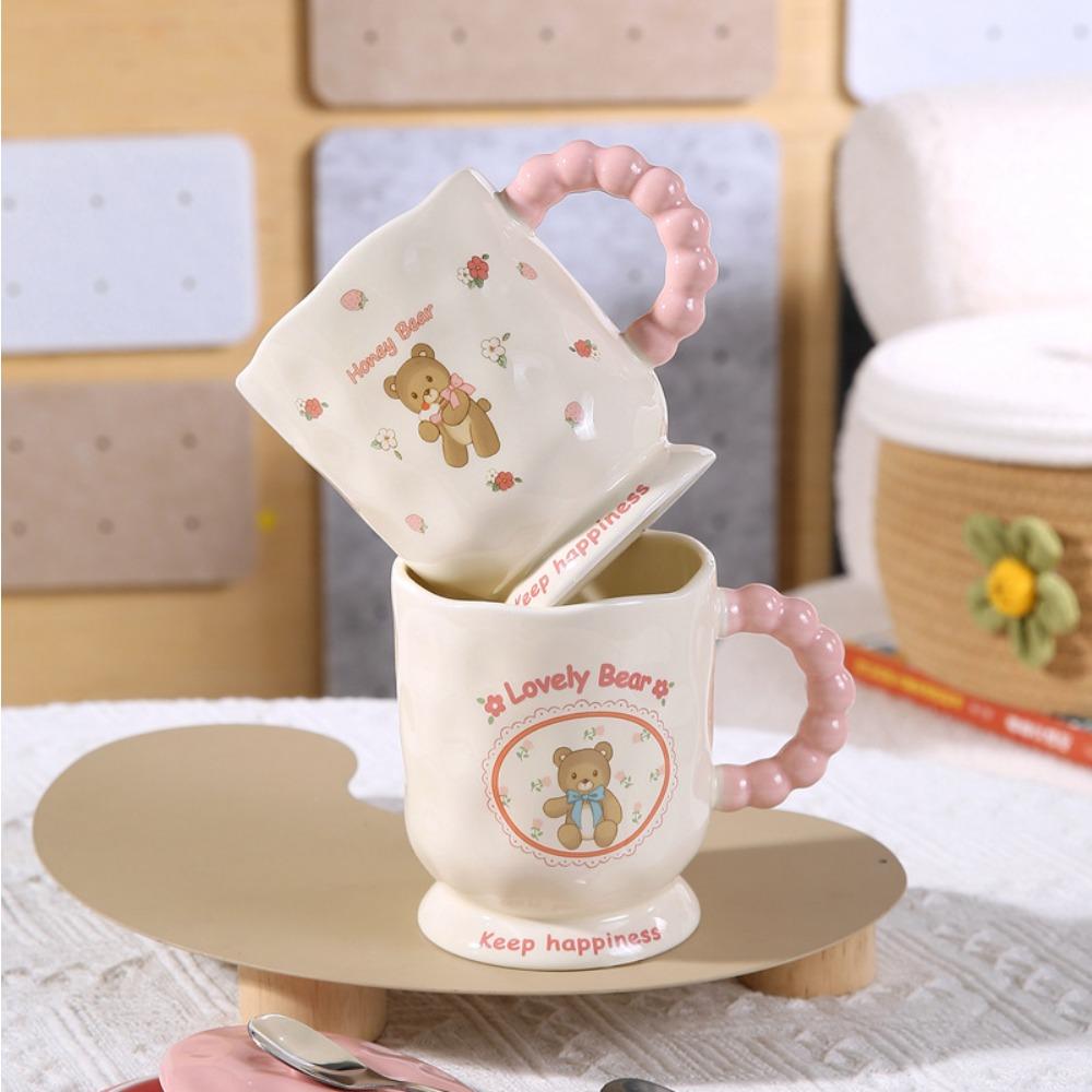 Cute pink bear ceramic mug with lid birthday gift household drinking water high value water cup souvenir gift girl