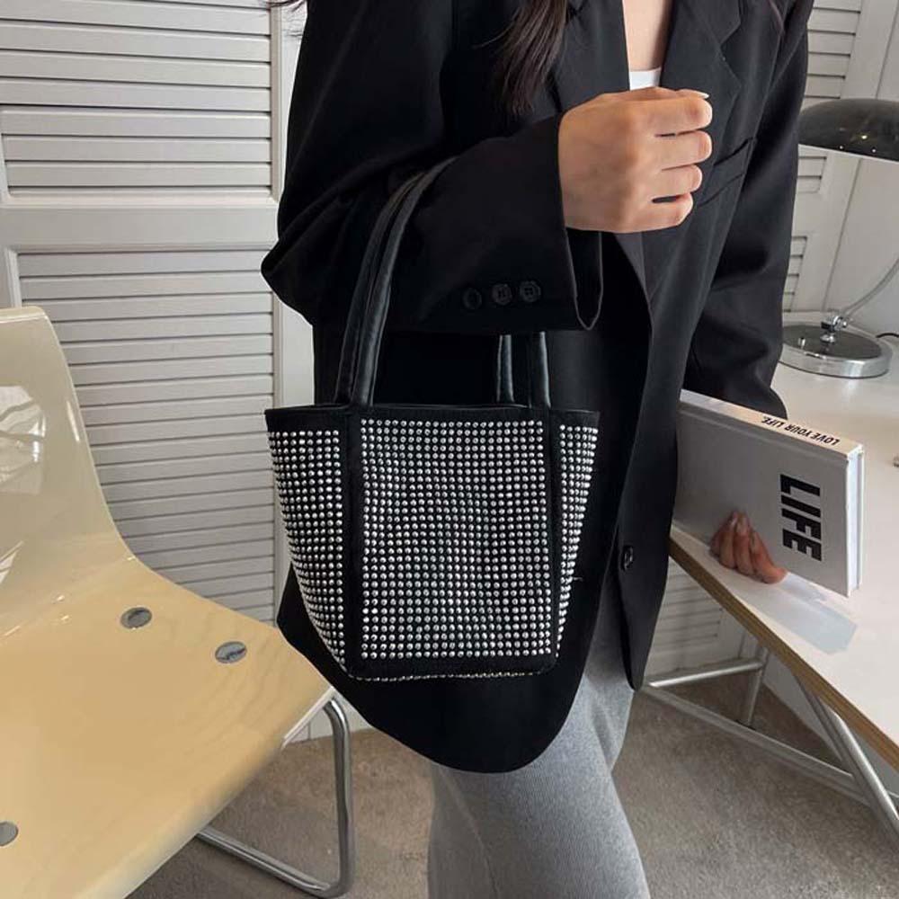 Classical Sparkling Square Bag PU Bucket Handbag Trendy Bright Rhinestone Shoulder Bag Party