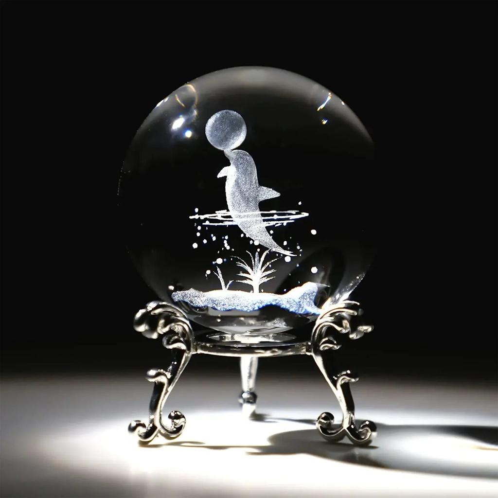 60mm 3D Crystal Ball Laser Engraved Glass Ornaments Animal Figurine Collectibles Paperweight Home Art Decor with Stand