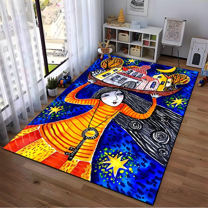 Colorful Abstract Art Carpet Featuring Woman Holding a House Scene Suitable for use as an anti-slip for living room bedroom sofas
