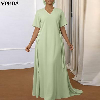 Summer Women Short Sleeve V Neck Solid Bandage Casual Long Maix Dress