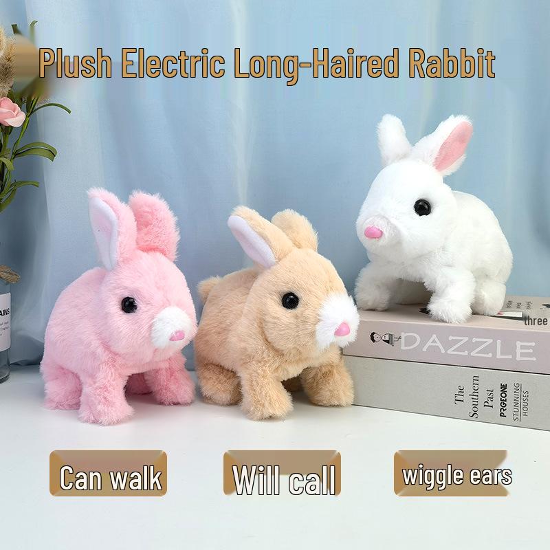 Plush Interactive White Rabbit Toy - Walking, Talking, Ear-Wiggling, Mouth-Moving Long-Haired Pet Simulation.