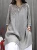 Damen Artistic Retro Besticktes Baumwoll-Leinen Kurzarm Rundhals Pullover Top