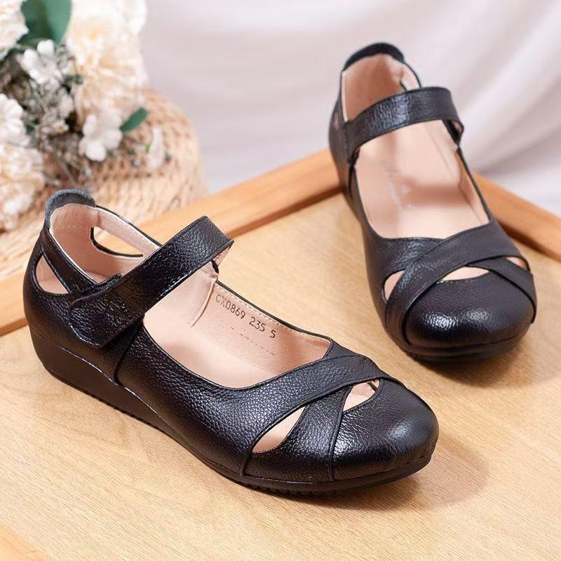 

Новый продукт средний и старый мягкая подошва большой размер обувь для пожилых полый отверстие женская обувь летняя сумка голова плоские сандалии 35 чёрный