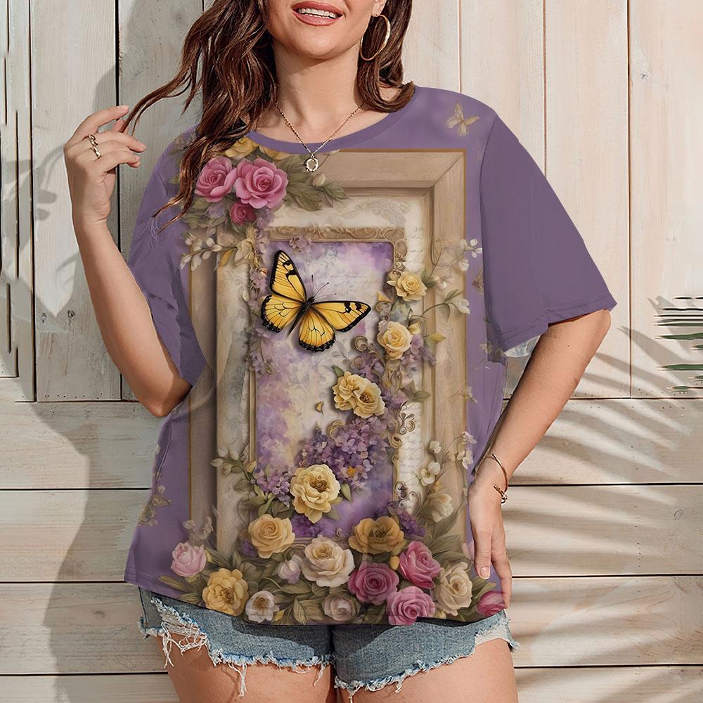 Summer Round Neck 3D Print Flower Pattern Top Fashionable Casual Retro Ethnic Style Short Sleeved Women's T-shirts