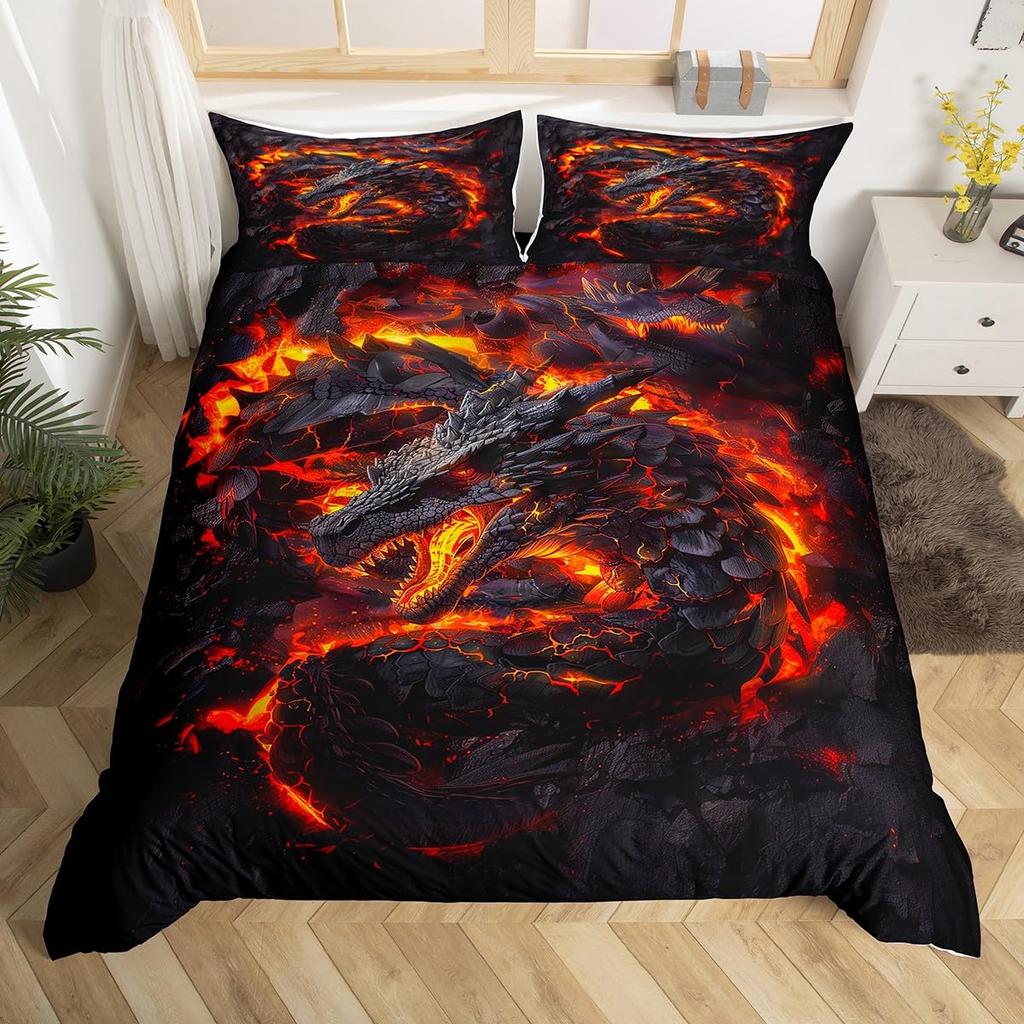 Fire Dragon Duvet Covers For Kids Teens Queen King Size Lightweight Quilt Covers Mythical Animals Pattern Bedding Set Room Decor