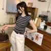 Contrasting Stripes Front Shoulder Short-sleeved T-shirt Women's Summer New Slim-fitting and Thin Small Round Neck Short Top